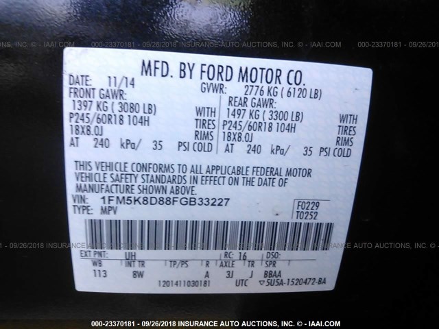 1FM5K8D88FGB33227 - 2015 FORD EXPLORER XLT BLACK photo 9