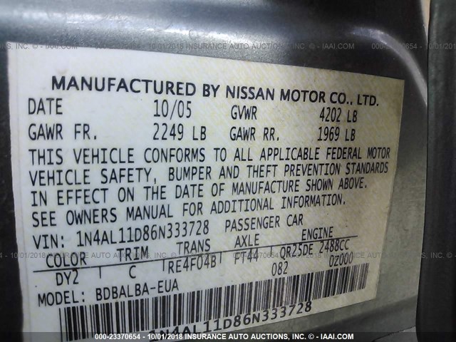 1N4AL11D86N333728 - 2006 NISSAN ALTIMA S/SL GREEN photo 9