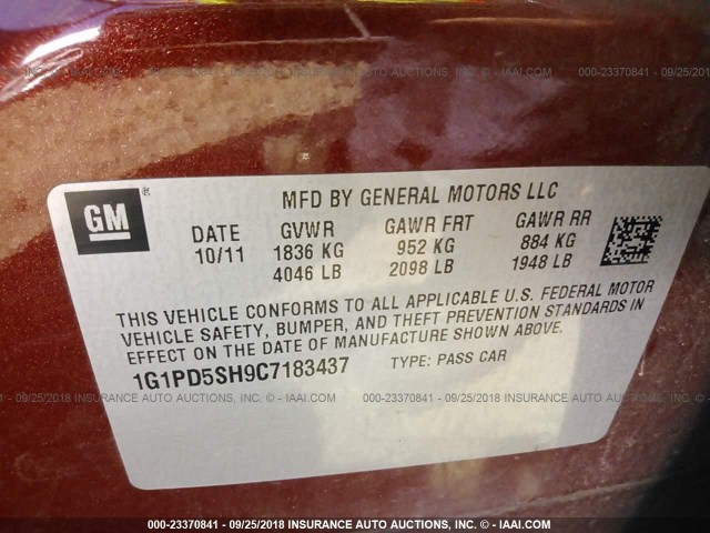 1G1PD5SH9C7183437 - 2012 CHEVROLET CRUZE RED photo 9