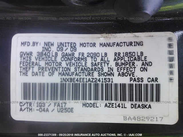 1NXBE4EE1AZ241531 - 2010 TOYOTA COROLLA XRS GRAY photo 9