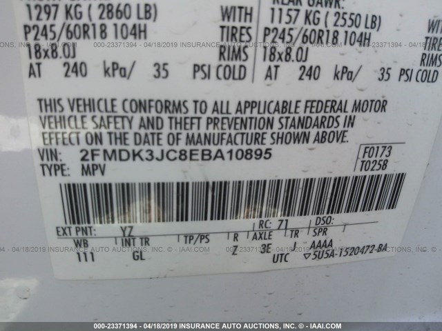 2FMDK3JC8EBA10895 - 2014 FORD EDGE SEL WHITE photo 9