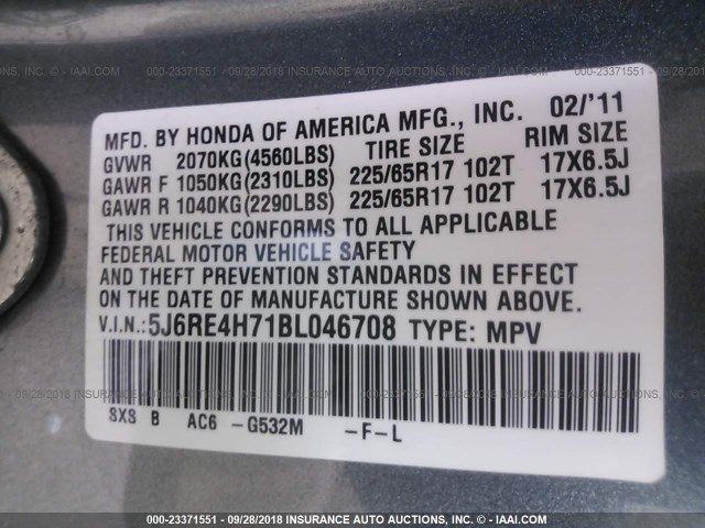 5J6RE4H71BL046708 - 2011 HONDA CR-V EXL BLUE photo 9