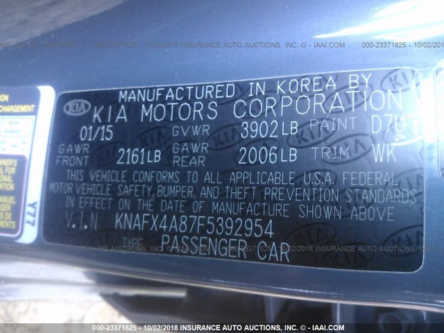 KNAFX4A87F5392954 - 2015 KIA FORTE EX GRAY photo 9