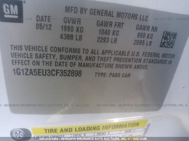 1G1ZA5EU3CF352898 - 2012 CHEVROLET MALIBU LS WHITE photo 9