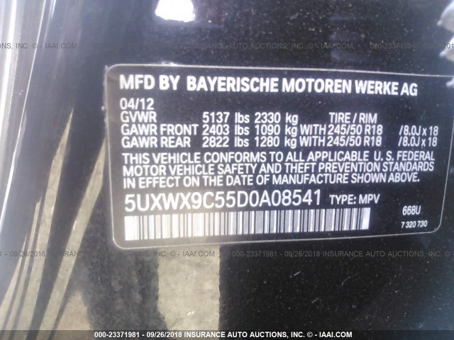 5UXWX9C55D0A08541 - 2013 BMW X3 XDRIVE28I BLACK photo 9