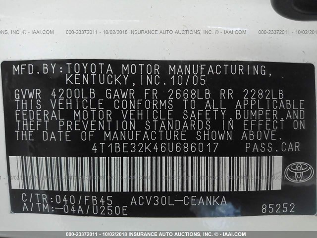 4T1BE32K46U686017 - 2006 TOYOTA CAMRY LE/XLE/SE WHITE photo 9