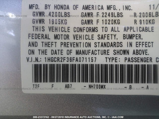 1HGCR2F36FA071157 - 2015 HONDA ACCORD SILVER photo 9