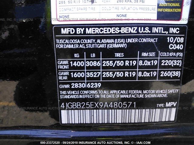 4JGBB25EX9A480571 - 2009 MERCEDES-BENZ ML BLACK photo 9