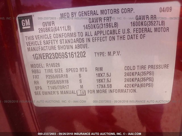 1GNER23D59S161202 - 2009 CHEVROLET TRAVERSE LT BURGUNDY photo 9