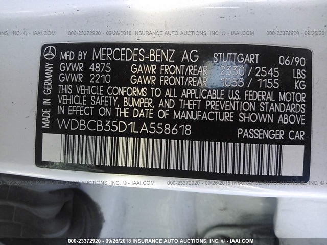 WDBCB35D1LA558618 - 1990 MERCEDES-BENZ 350 SDL WHITE photo 9