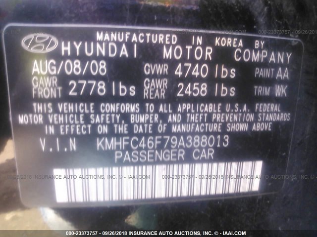 KMHFC46F79A388013 - 2009 HYUNDAI AZERA SE/LIMITED BLACK photo 9