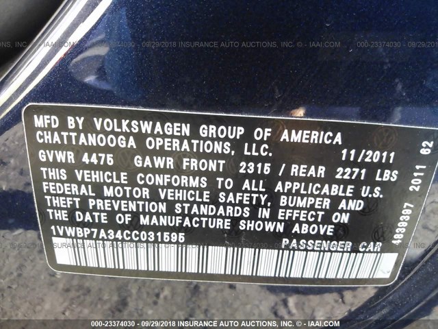 1VWBP7A34CC031595 - 2012 VOLKSWAGEN PASSAT SE Navy photo 9