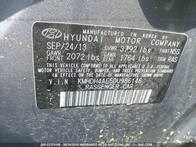 KMHDH4AE5DU986146 - 2013 HYUNDAI ELANTRA GLS/LIMITED SILVER photo 9