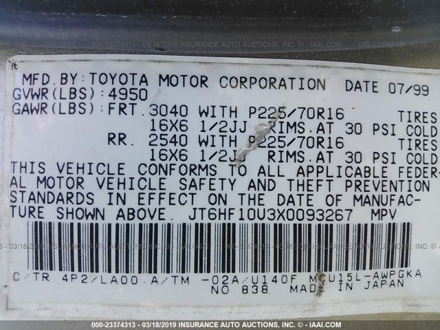 JT6HF10U3X0093267 - 1999 LEXUS RX 300 GOLD photo 9