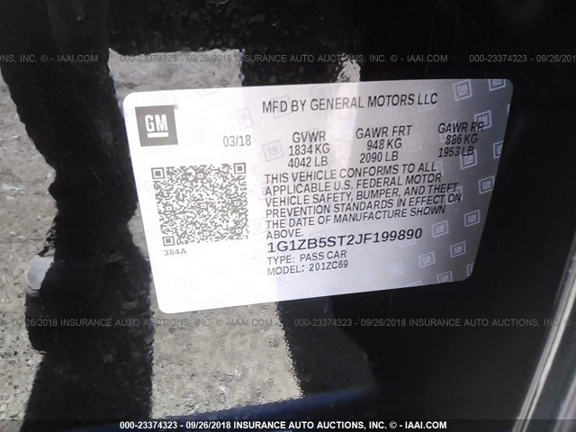 1G1ZB5ST2JF199890 - 2018 CHEVROLET MALIBU LS BLACK photo 9