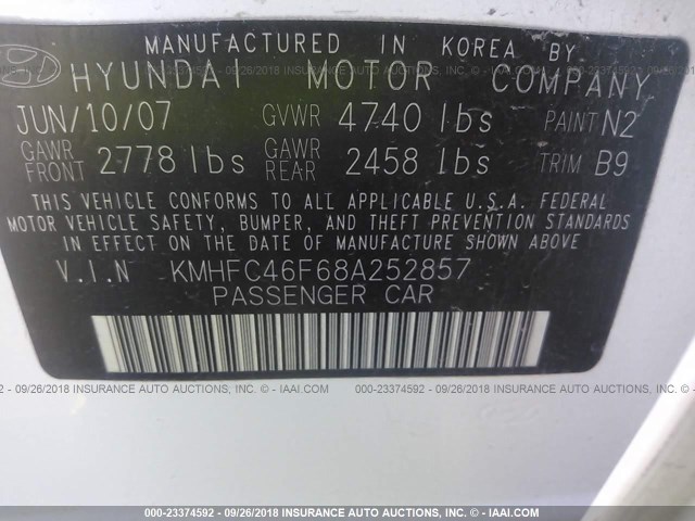 KMHFC46F68A252857 - 2008 HYUNDAI AZERA SE/LIMITED WHITE photo 9