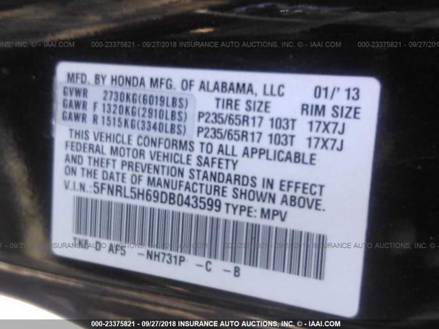 5FNRL5H69DB043599 - 2013 HONDA ODYSSEY EXL BLACK photo 9