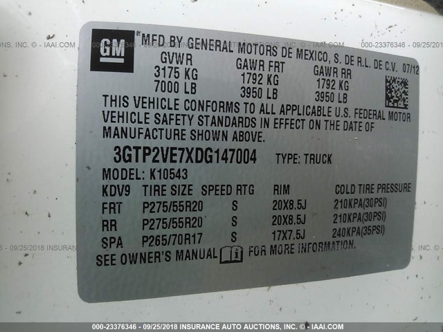 3GTP2VE7XDG147004 - 2013 GMC SIERRA K1500 SLE WHITE photo 9