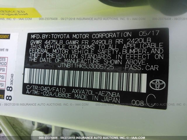 JTNB11HK5J3005725 - 2018 TOYOTA CAMRY L/LE/XLE/SE/XSE WHITE photo 9