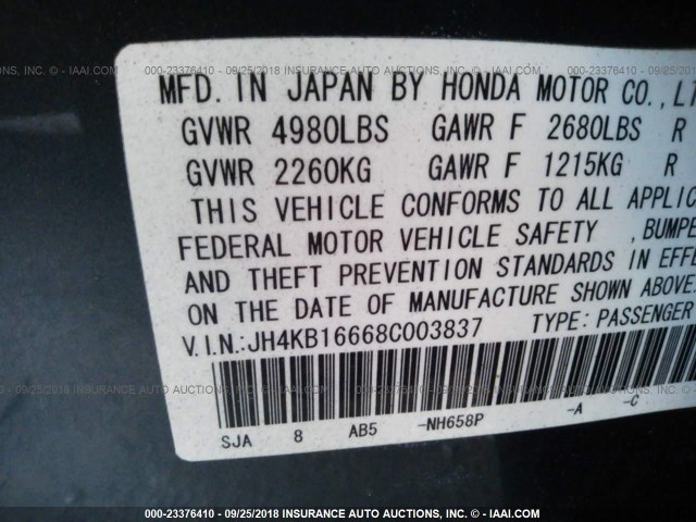 JH4KB16668C003837 - 2008 ACURA RL GRAY photo 9