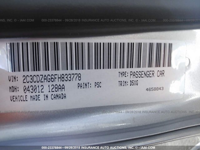 2C3CDZAG6FH833778 - 2015 DODGE CHALLENGER SXT SILVER photo 9