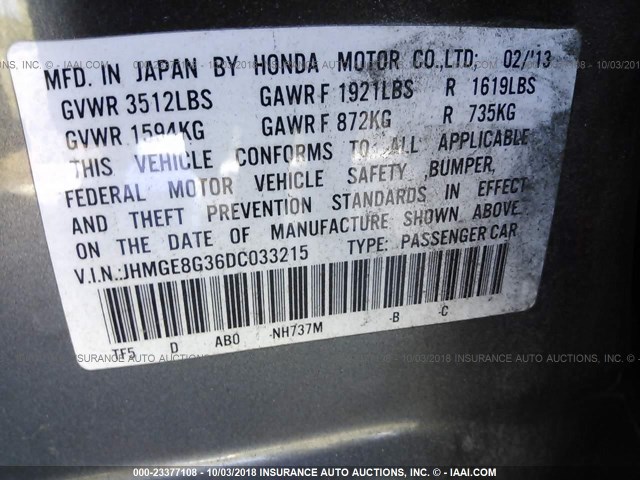 JHMGE8G36DC033215 - 2013 HONDA FIT GRAY photo 9