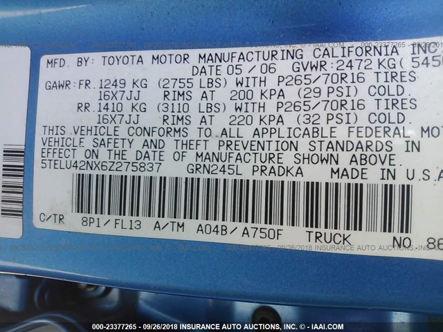 5TELU42NX6Z275837 - 2006 TOYOTA TACOMA DOUBLE CAB 蓝色 照片 9