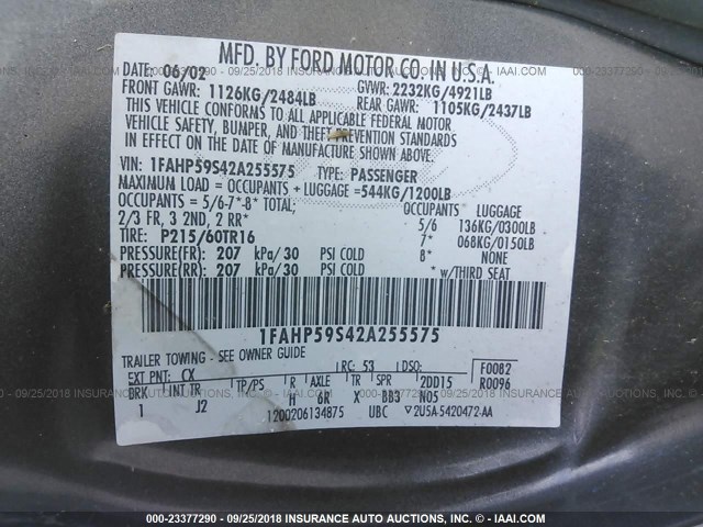 1FAHP59S42A255575 - 2002 FORD TAURUS SEL GRAY photo 9