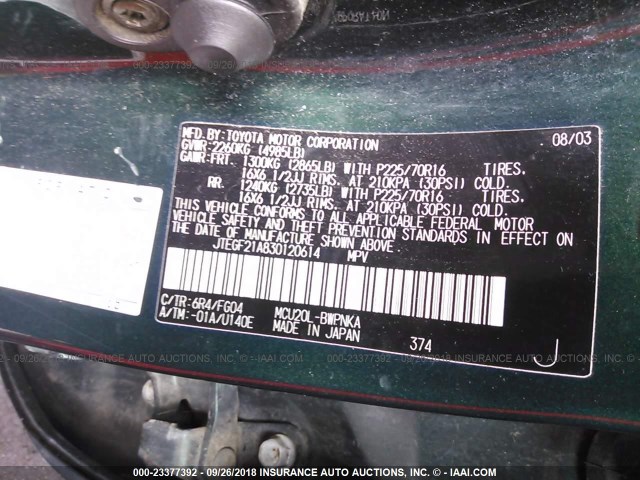 JTEGF21A830120614 - 2003 TOYOTA HIGHLANDER LIMITED GREEN photo 9