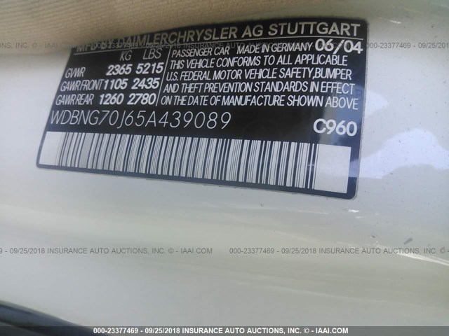 WDBNG70J65A439089 - 2005 MERCEDES-BENZ S 430 WHITE photo 9