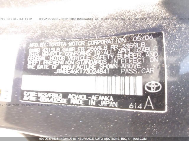 JTNBE46K173024841 - 2007 TOYOTA CAMRY NEW GENERAT CE/LE/XLE/SE GRAY photo 9