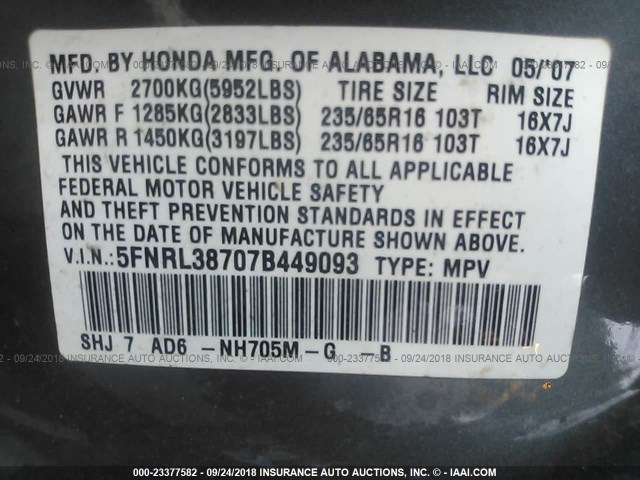 5FNRL38707B449093 - 2007 HONDA ODYSSEY EXL GRAY photo 9