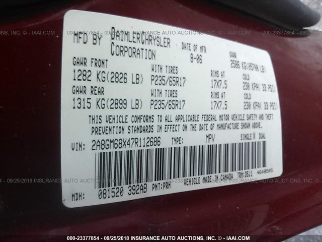2A8GM68X47R112686 - 2007 CHRYSLER PACIFICA TOURING RED photo 9