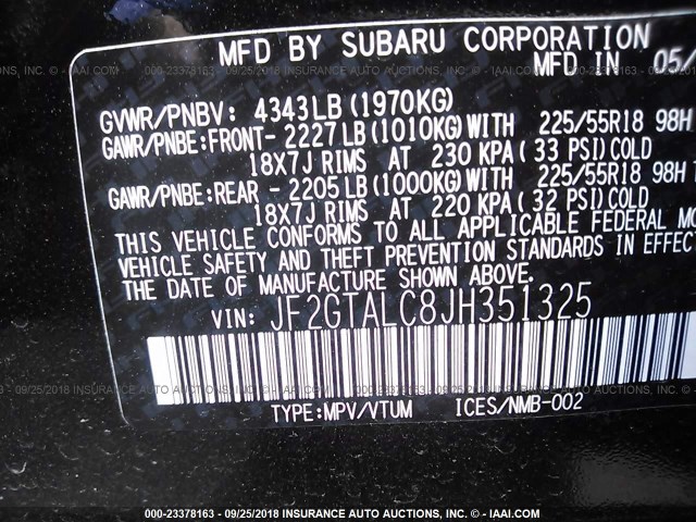 JF2GTALC8JH351325 - 2018 SUBARU CROSSTREK LIMITED BLACK photo 9