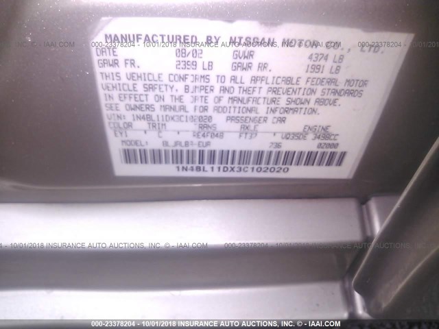 1N4BL11DX3C102020 - 2003 NISSAN ALTIMA SE GOLD photo 9