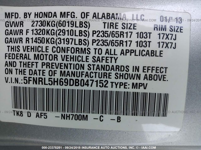 5FNRL5H69DB047152 - 2013 HONDA ODYSSEY EXL SILVER photo 9