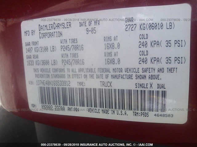 1D7HE48N16S533912 - 2006 DODGE DAKOTA QUAD SLT RED photo 9