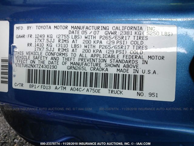 5TETU62NX7Z430190 - 2007 TOYOTA TACOMA PRERUNNER ACCESS CAB BLUE photo 9