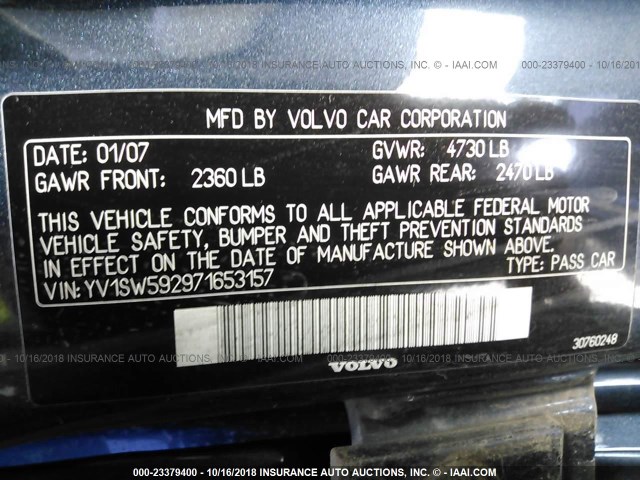 YV1SW592971653157 - 2007 VOLVO V70 2.5T BLUE photo 9