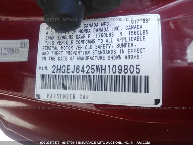 2HGEJ6425WH109805 - 1998 HONDA CIVIC CX RED photo 9