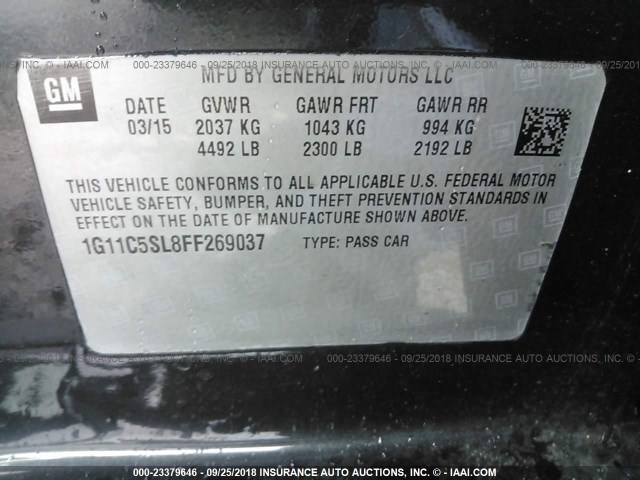 1G11C5SL8FF269037 - 2015 CHEVROLET MALIBU 1LT GRAY photo 9