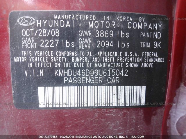 KMHDU46D99U615042 - 2009 HYUNDAI ELANTRA GLS/SE RED photo 9