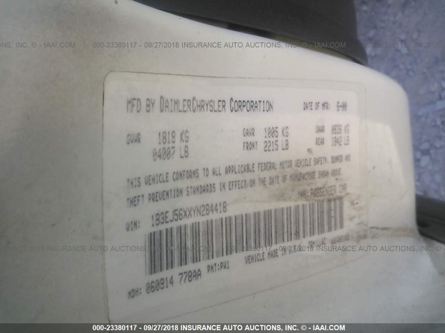 1B3EJ56XXYN284418 - 2000 DODGE STRATUS ES WHITE photo 9