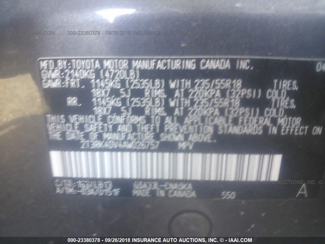 2T3RK4DV4AW026757 - 2010 TOYOTA RAV4 SPORT GRAY photo 9