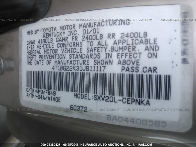 4T1BG22K31U811117 - 2001 TOYOTA CAMRY CE/LE/XLE 金色 照片 9