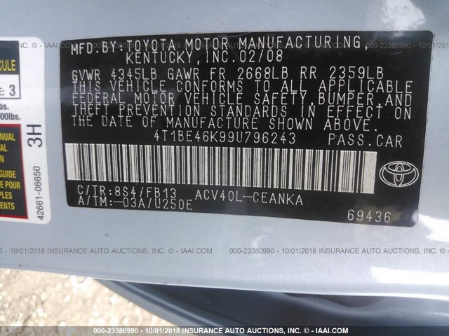 4T1BE46K99U796243 - 2009 TOYOTA CAMRY SE/LE/XLE Light Blue photo 9