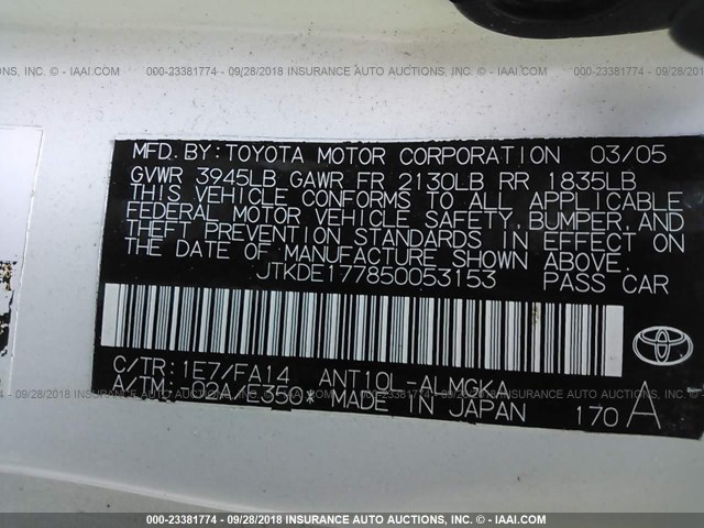 JTKDE177850053153 - 2005 TOYOTA SCION TC 白色 照片 9