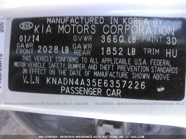 KNADN4A35E6357226 - 2014 KIA RIO EX SILVER photo 9