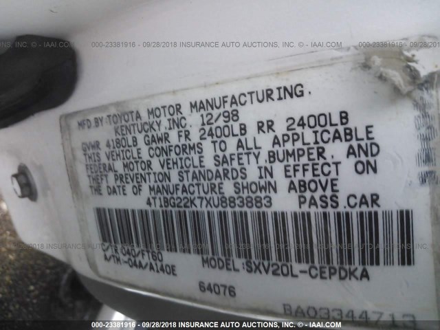 4T1BG22K7XU883883 - 1999 TOYOTA CAMRY CE/LE/XLE WHITE photo 9