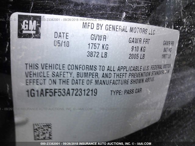 1G1AF5F53A7231219 - 2010 CHEVROLET COBALT 2LT BLACK photo 9